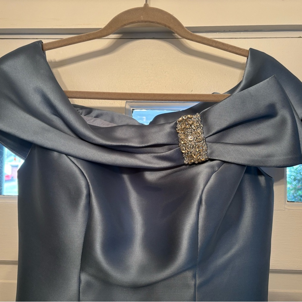 Strapless Satin Mermaid Gown in Steel Blue - Picture 3 of 7